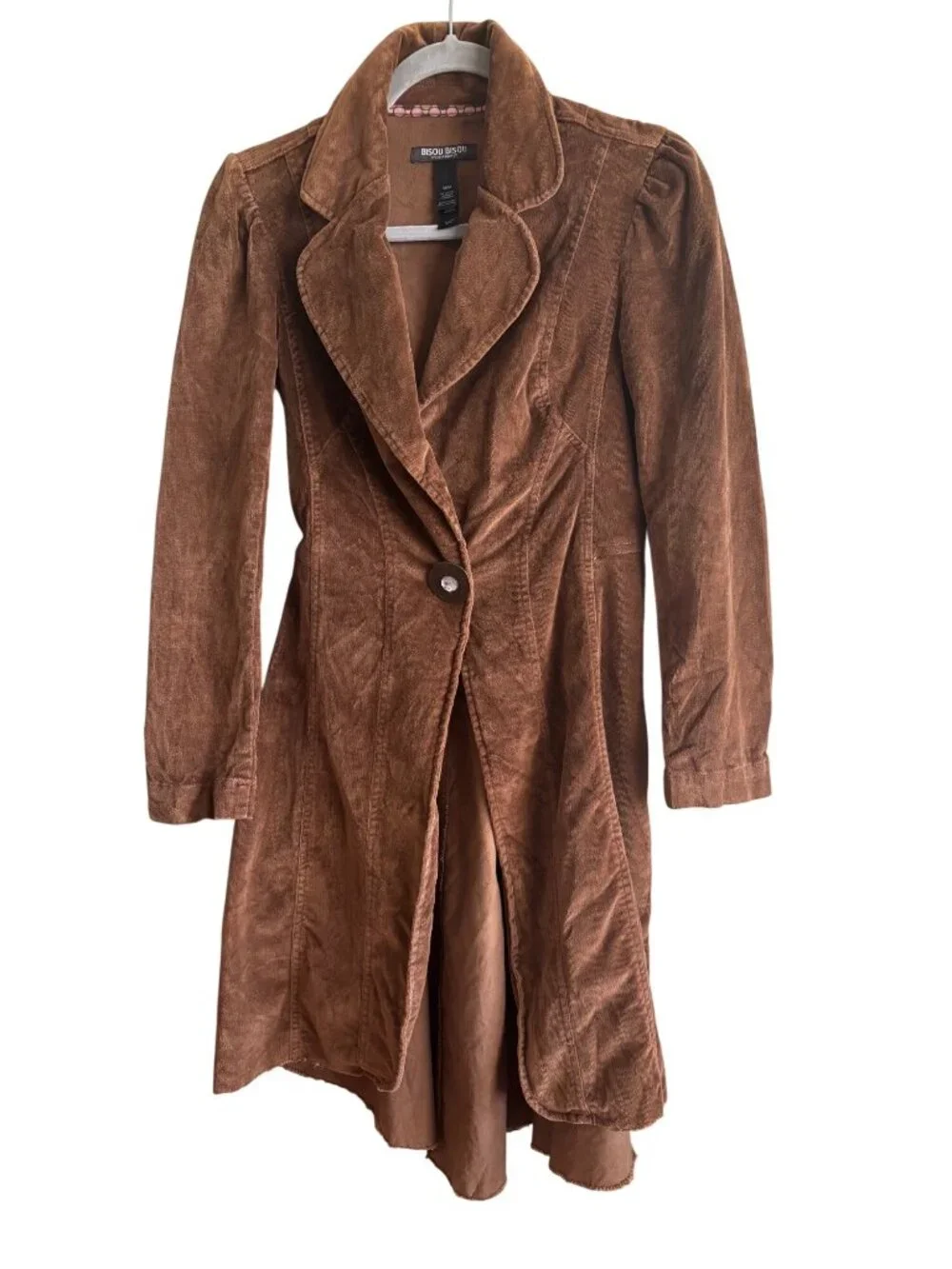 Vintage Y2K Bisou Bisou Fine Wale Corduroy Raw Hem Long Trench Jacket Brown - Picture 1 of 12